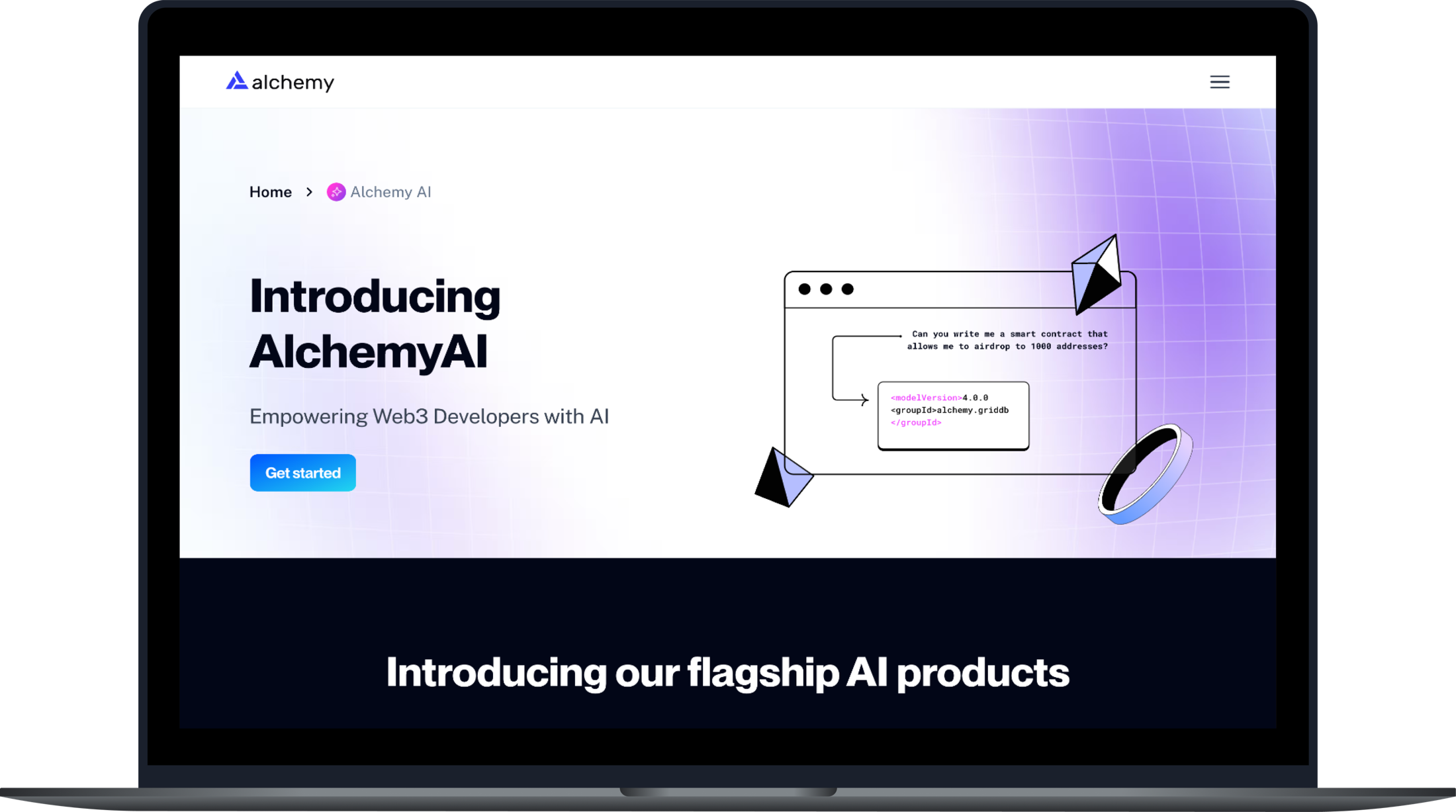 AlchemyAI landing page on a laptop